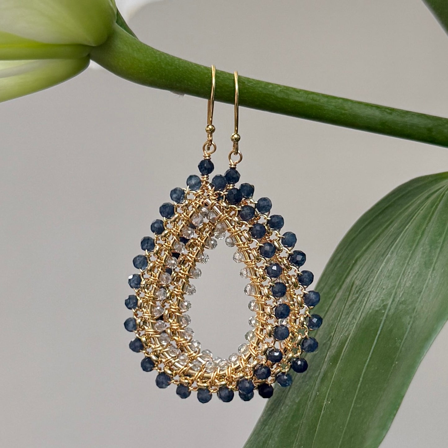 Dark Denim Blue Iolite & Crystal Maxi Rolo Teardrop Beaded Earrings