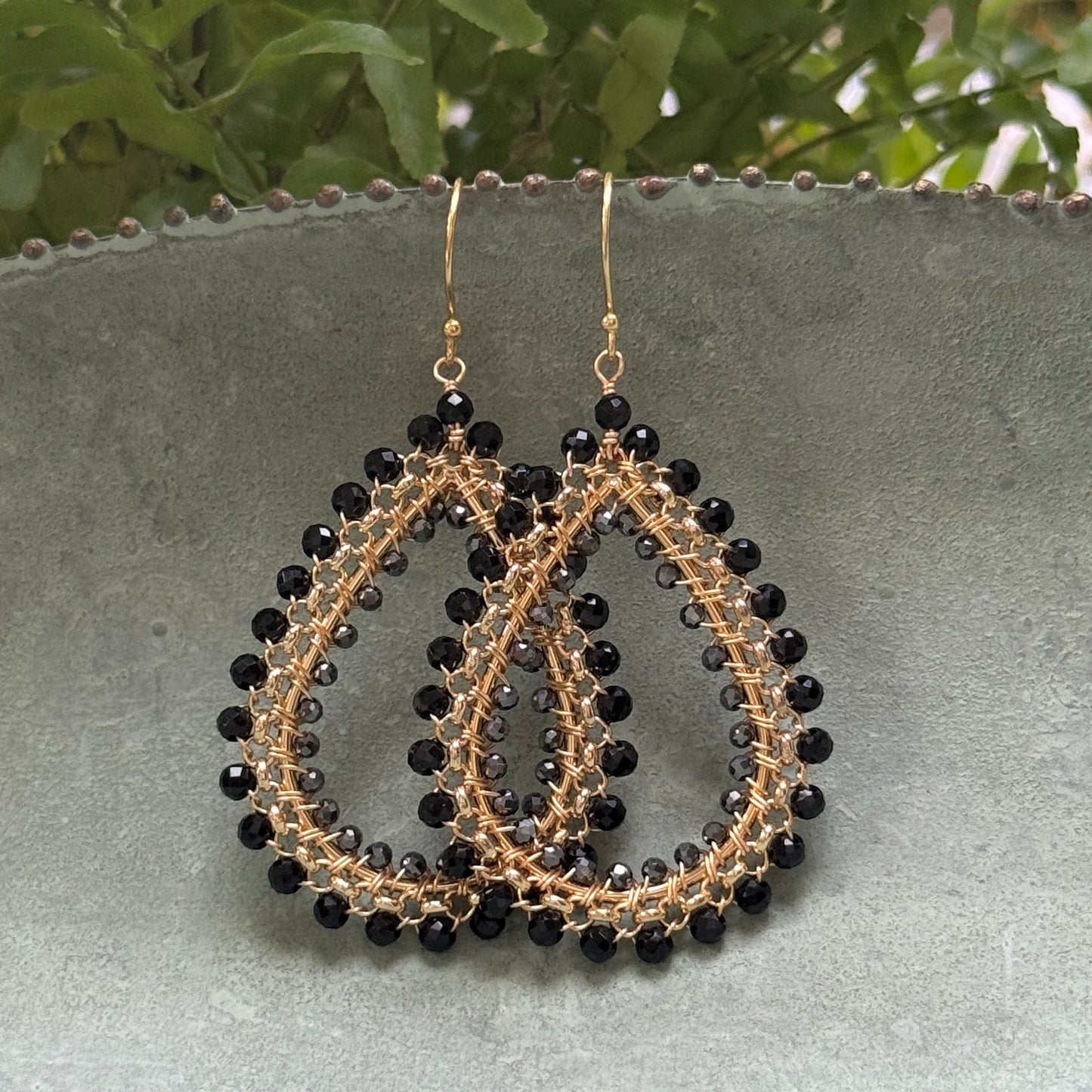 Black Onyx & Grey Hematite Maxi Rolo Teardrop Beaded Earrings
