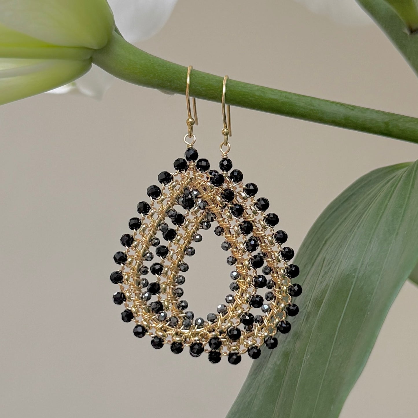 Black Onyx & Grey Hematite Maxi Rolo Teardrop Beaded Earrings