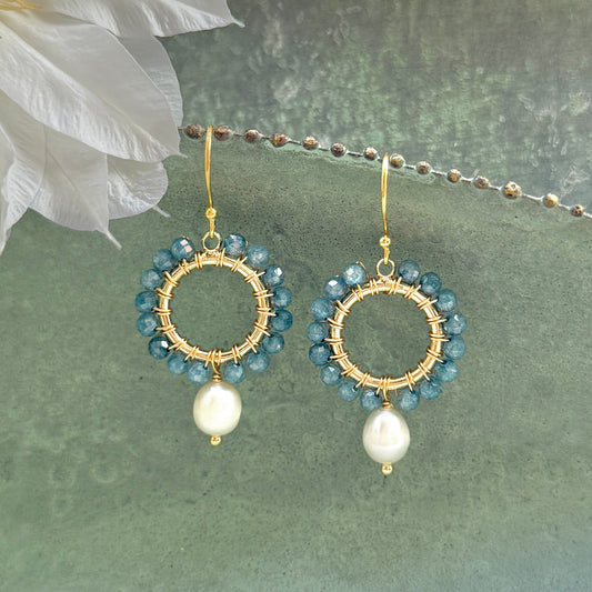 Denim Blue Azurite Mini Round With Pearl Drop Beaded Earrings