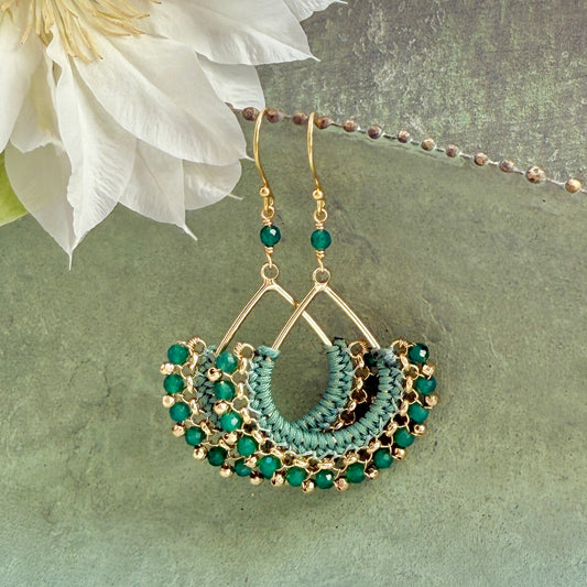 Emerald Green Jade & Gold Pyrite Boho Wrapped Teardrop Earrings