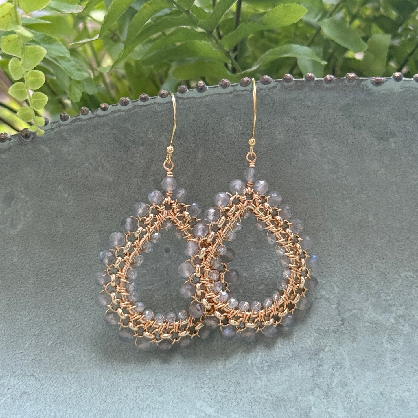 Grey Labradorite & Crystal Medium Rolo Teardrop Beaded Earrings