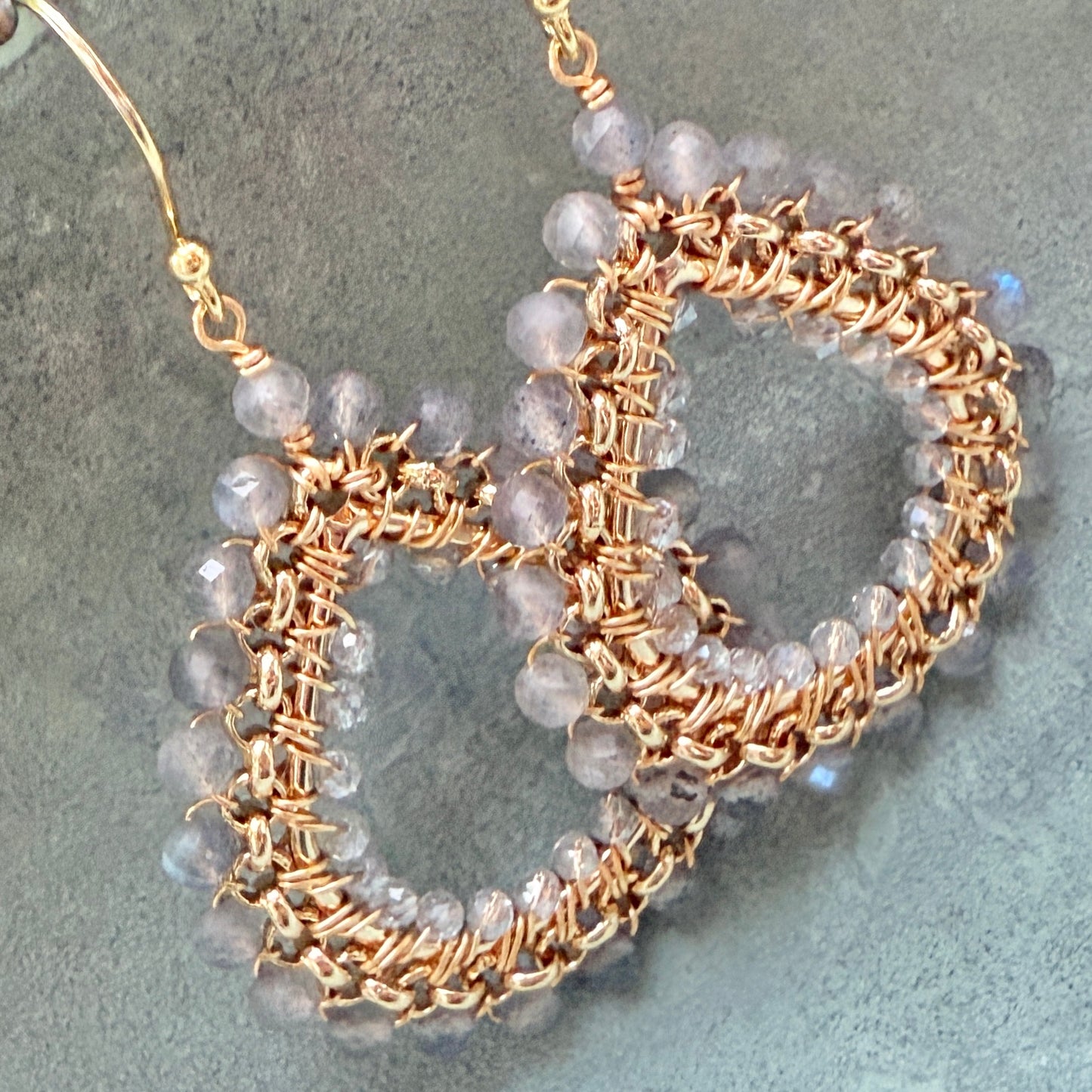 Grey Labradorite & Crystal Medium Rolo Teardrop Beaded Earrings