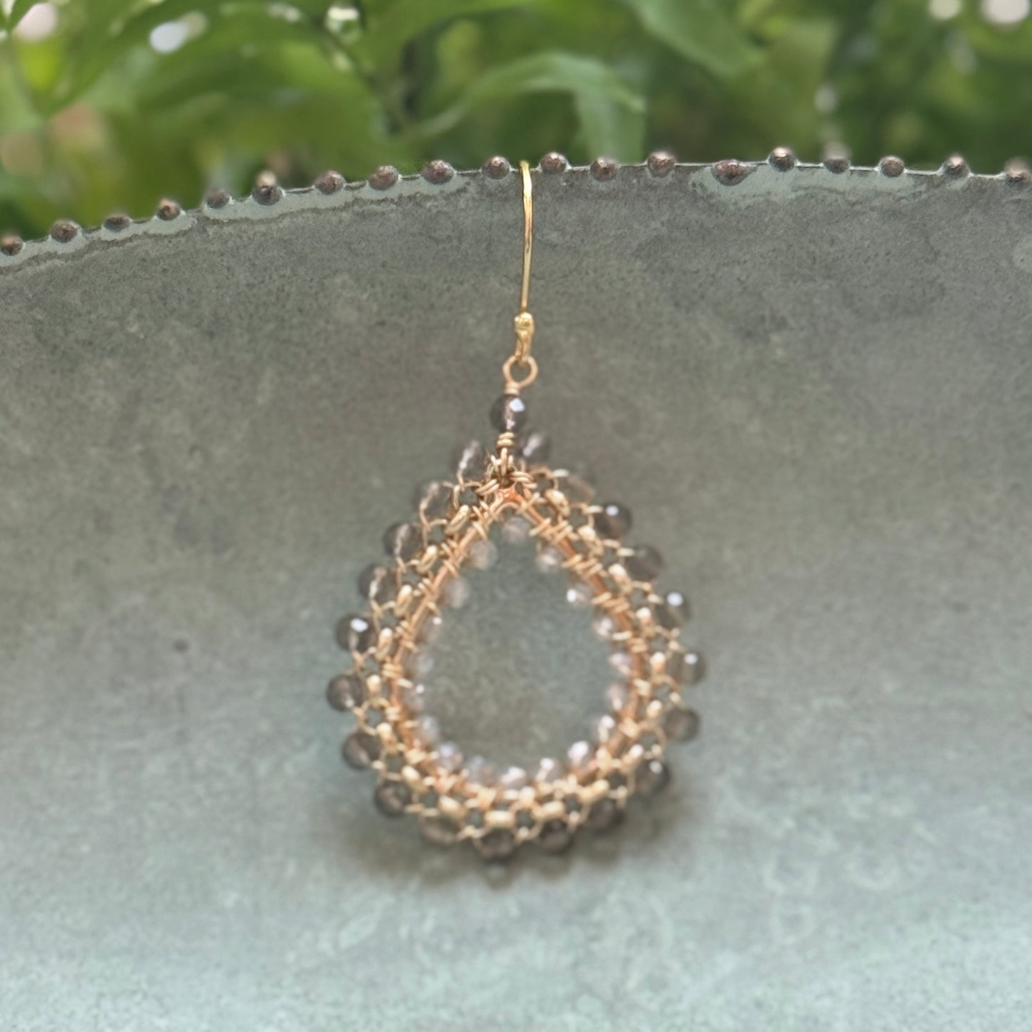 Taupe Agate & Crystal Medium Rolo Teardrop Beaded Earrings