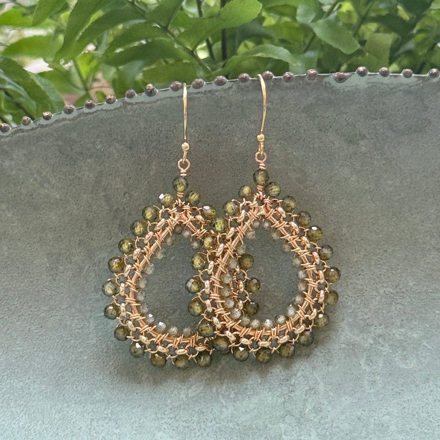 Mid Olive Green Peridot & Pale Peridot Medium Rolo Teardrop Beaded Earrings