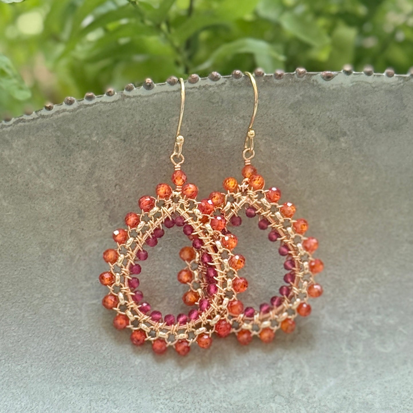 Orange Carnelian & Fuchsia Pink Garnet Medium Rolo Teardrop Beaded Earrings