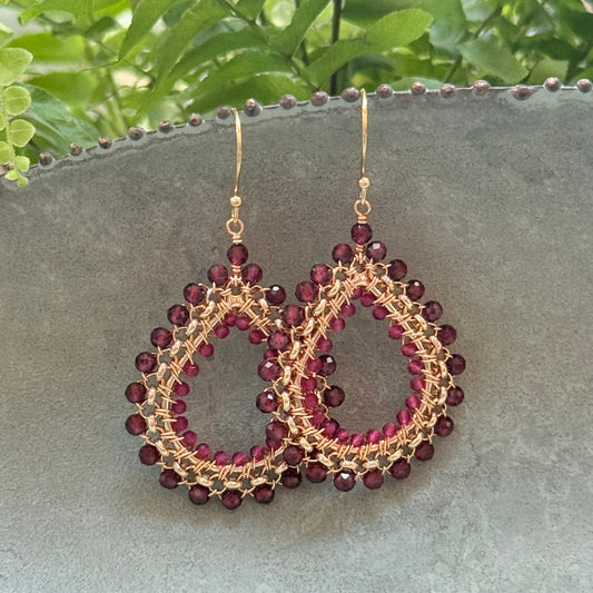 Burgundy & Fuchsia Pink Garnet Medium Rolo Teardrop Beaded Earrings