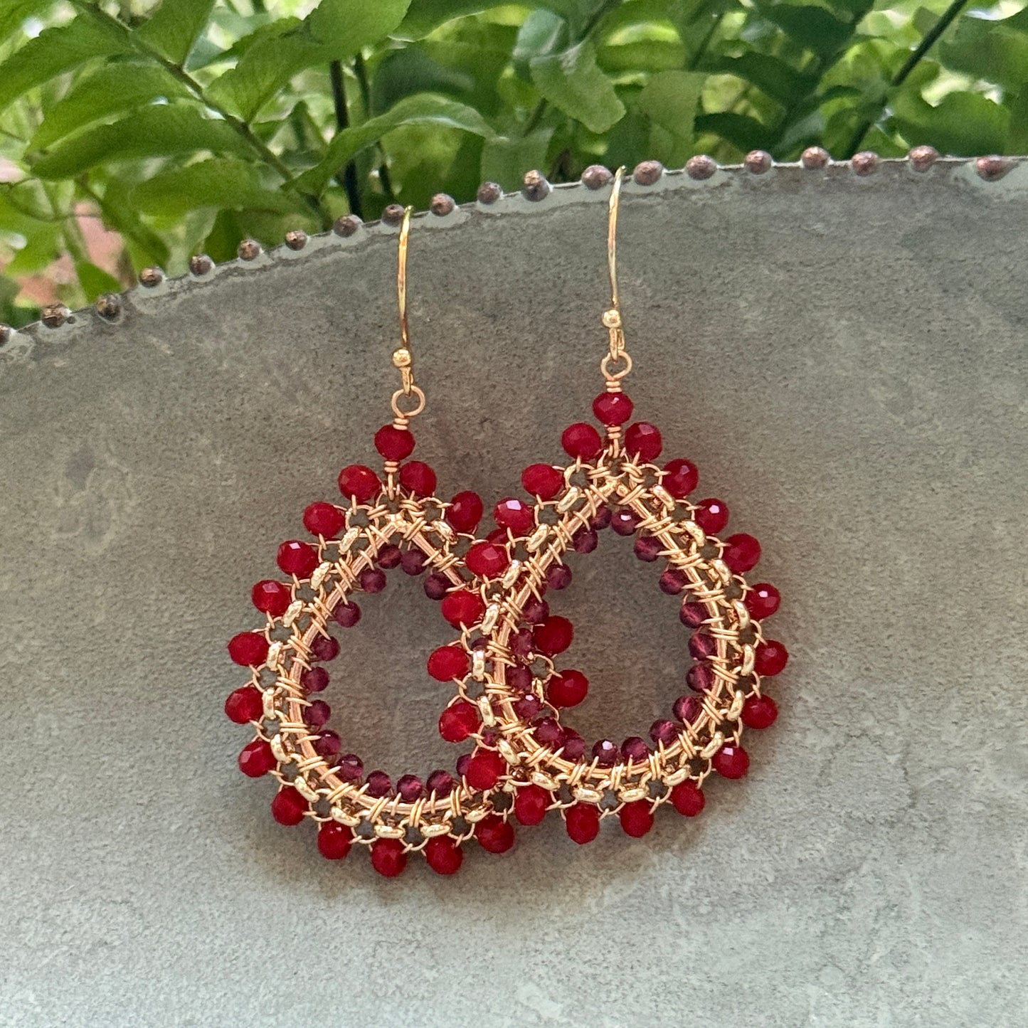 Ruby Red & Pink Jade Medium Rolo Teardrop Beaded Earrings