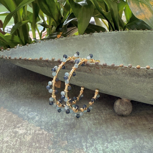 Denim Blue Iolite & Powder Blue Kyanite Swirl Midi Hoop Beaded Earrings