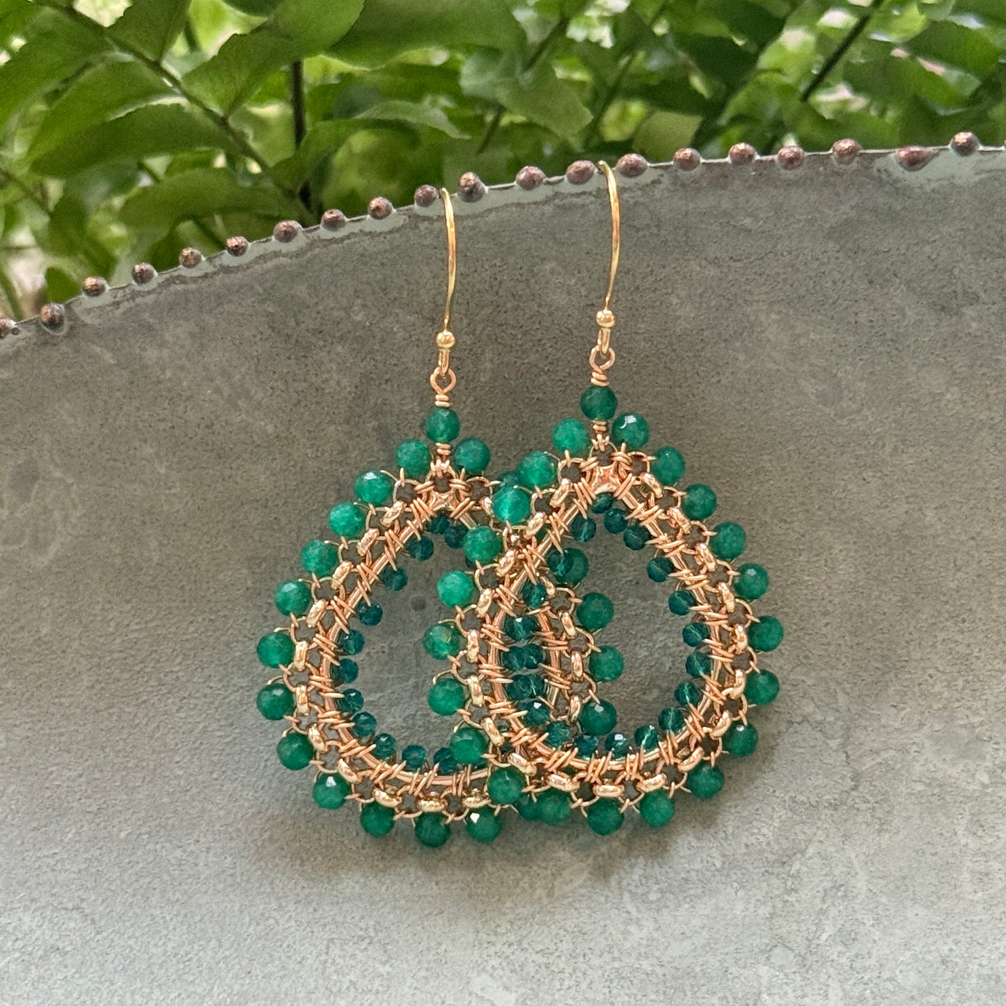 Mid Emerald Green Jade & Teal Quartz Medium Rolo Teardrop Beaded Earrings