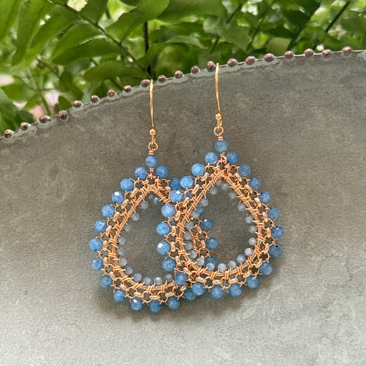 Dark Cornflower Blue Azurite & Powder Blue Quartz Medium Rolo Teardrop Beaded Earrings