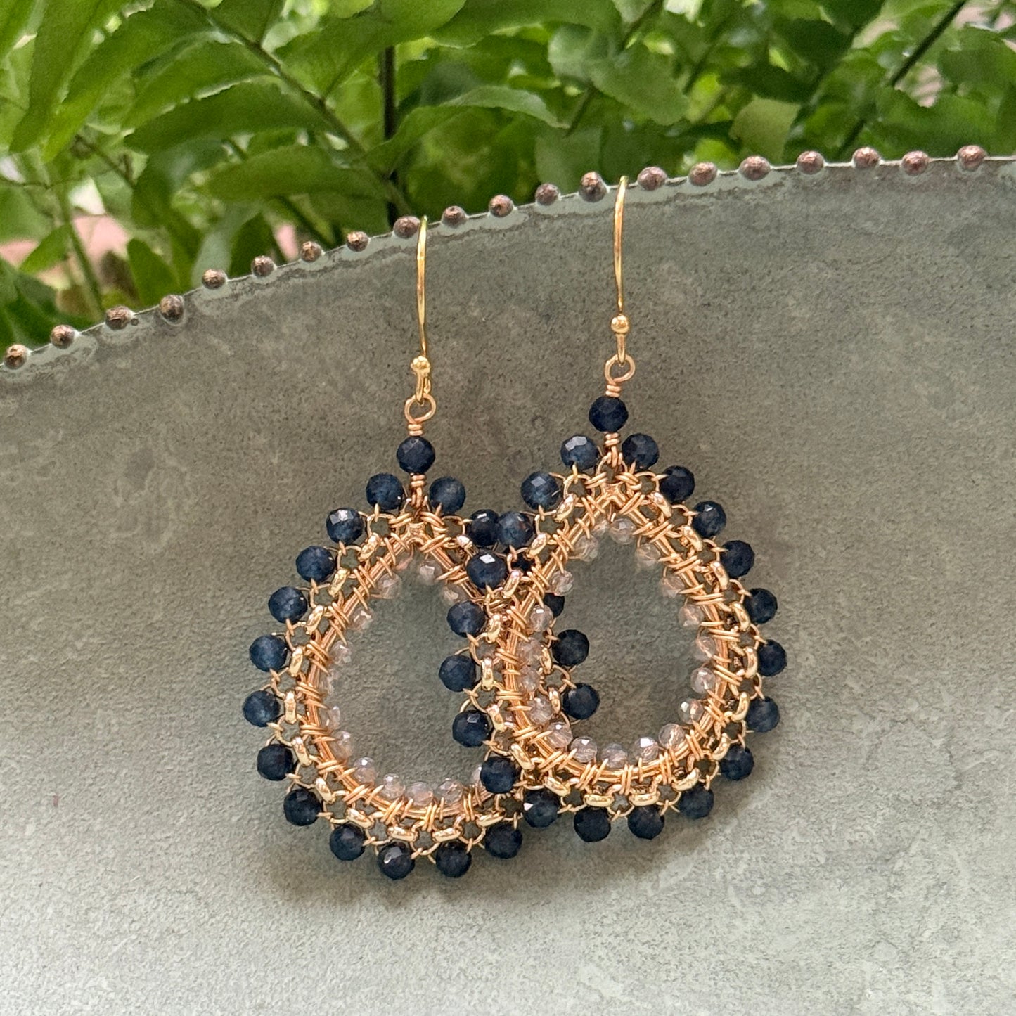 Denim Blue Iolite & Crystal Medium Rolo Teardrop Beaded Earrings