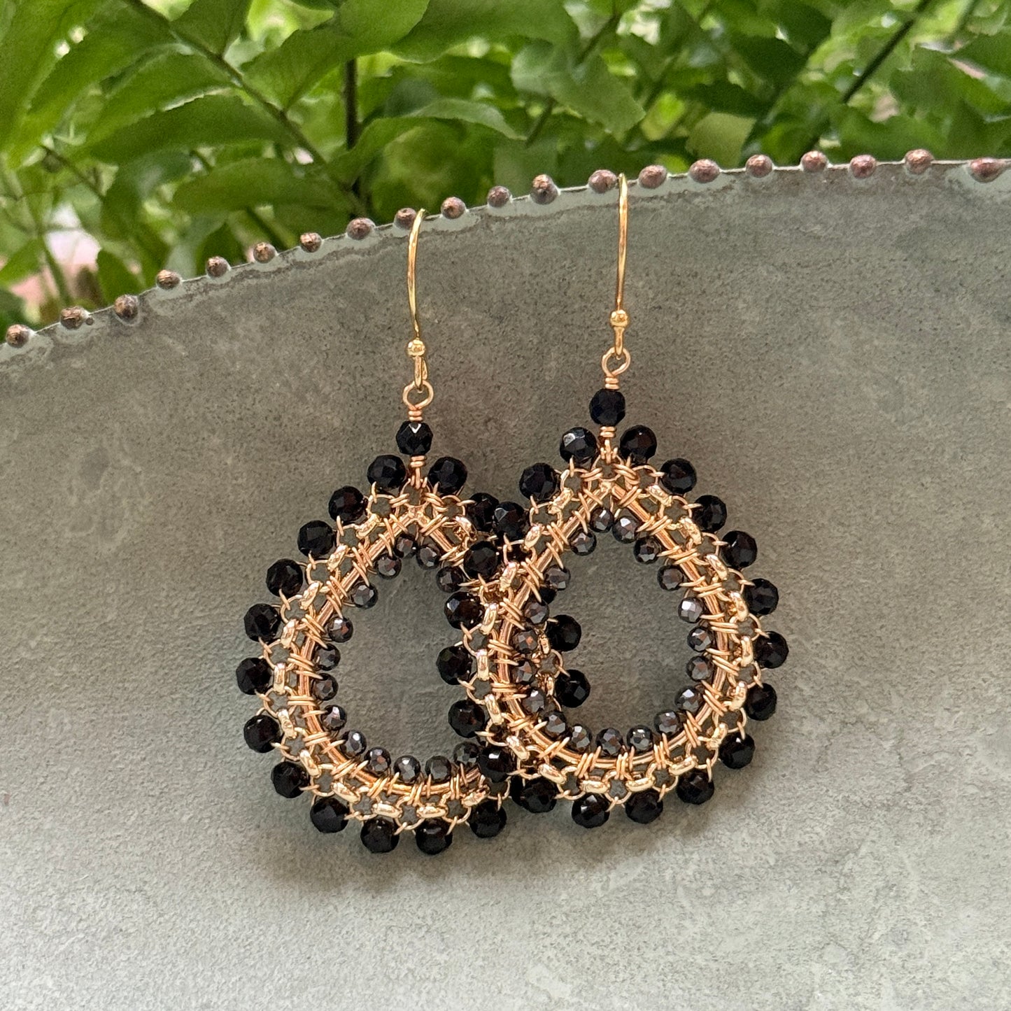 Black Onyx & Charcoal Hematite Medium Rolo Teardrop Beaded Earrings