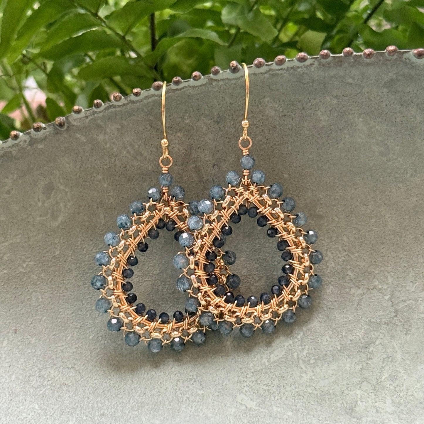 Pale Denim Blue Azurite & Dark Denim Iolite Medium Rolo Teardrop Beaded Earrings