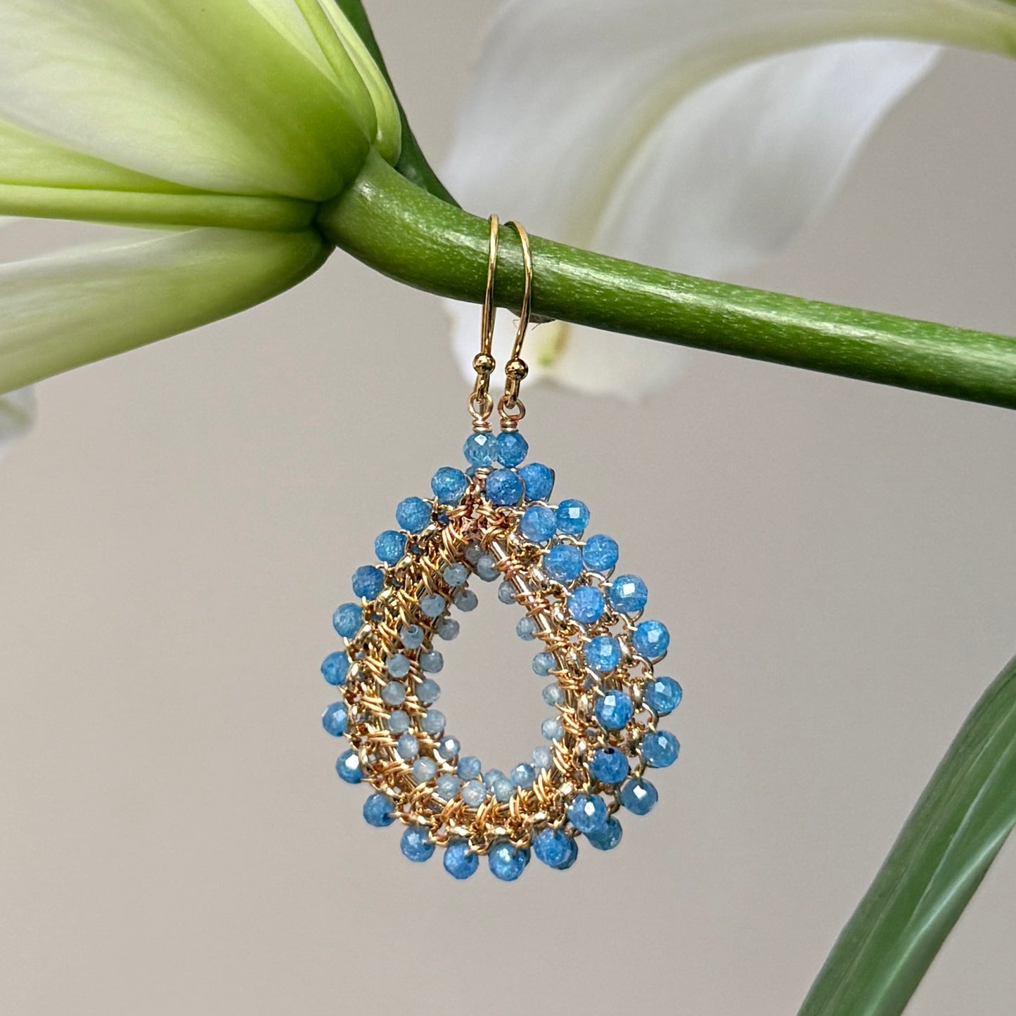 Dark Cornflower Blue Azurite & Powder Blue Quartz Medium Rolo Teardrop Beaded Earrings