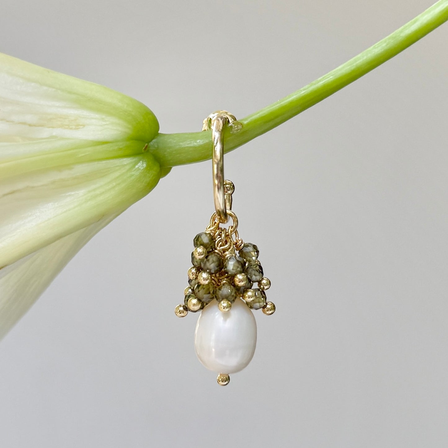 Mini Hoop Earrings With Ibiza Pearl & Dark Olive Green Peridot Drops