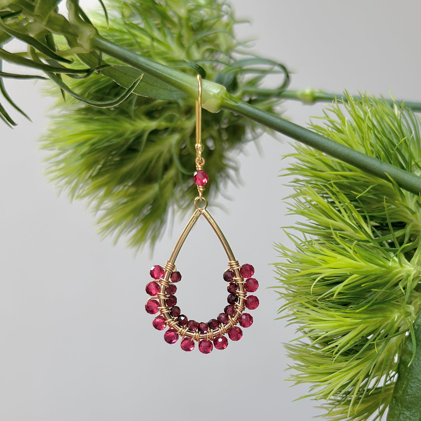 Fuchsia Pink Garnet & Burgundy Garnet 1/2 Teardrop Beaded Earrings