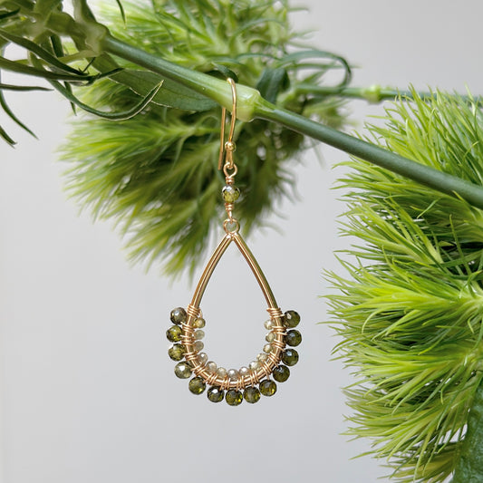 Olive Green Peridot 1/2 Teardrop Beaded Earrings