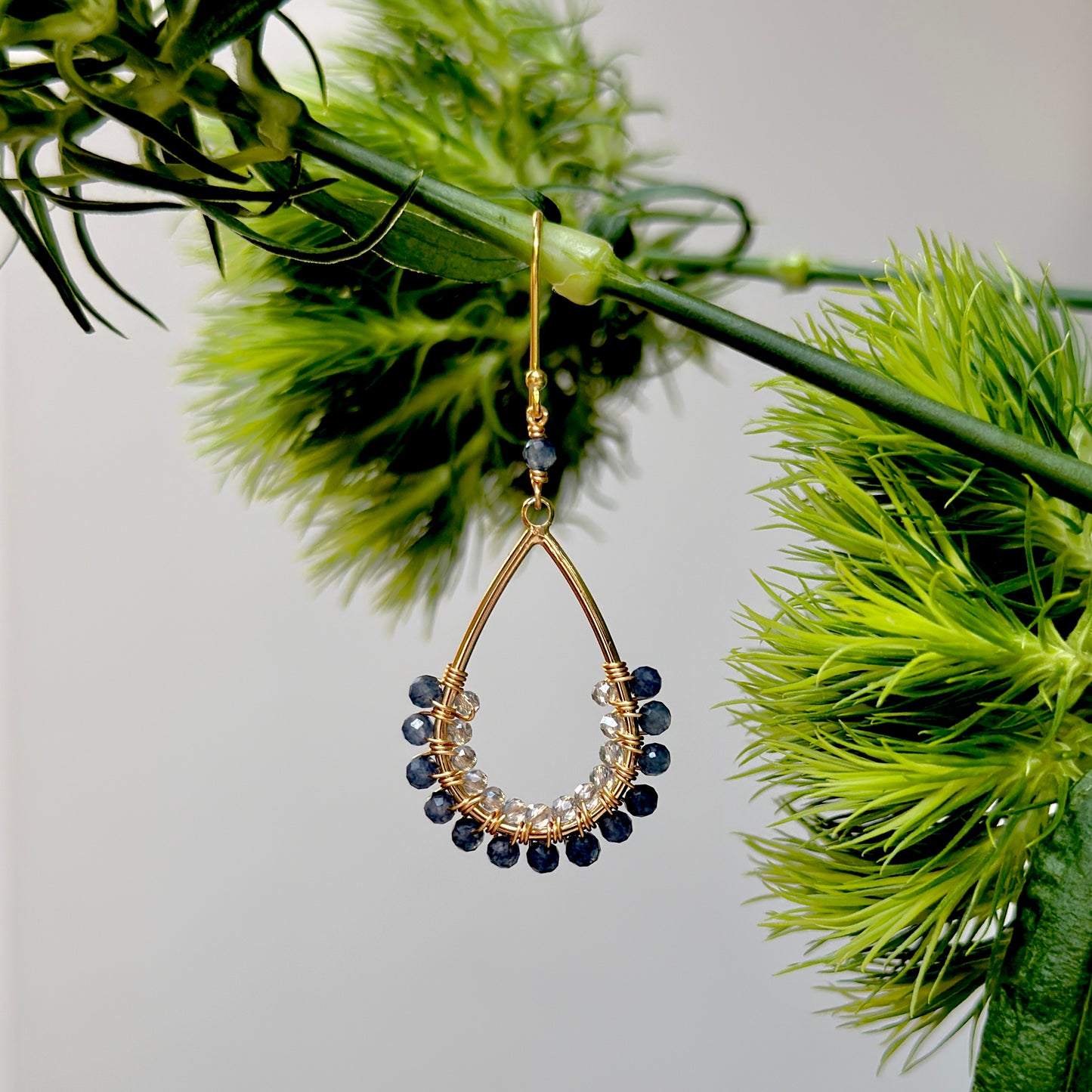 Dark Denim Blue Iolite & Crystal 1/2 Teardrop Beaded Earrings