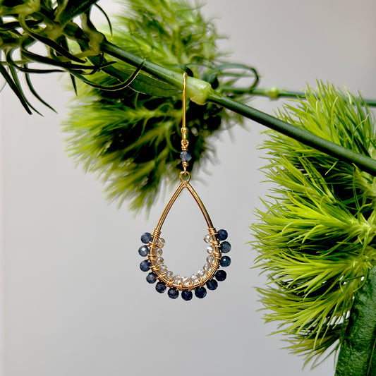 Dark Denim Blue Iolite & Crystal 1/2 Teardrop Beaded Earrings