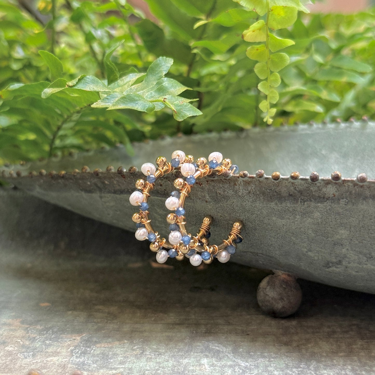 Pearl & Airforce Blue Quartz Mini Bobble Hoop Beaded Earrings