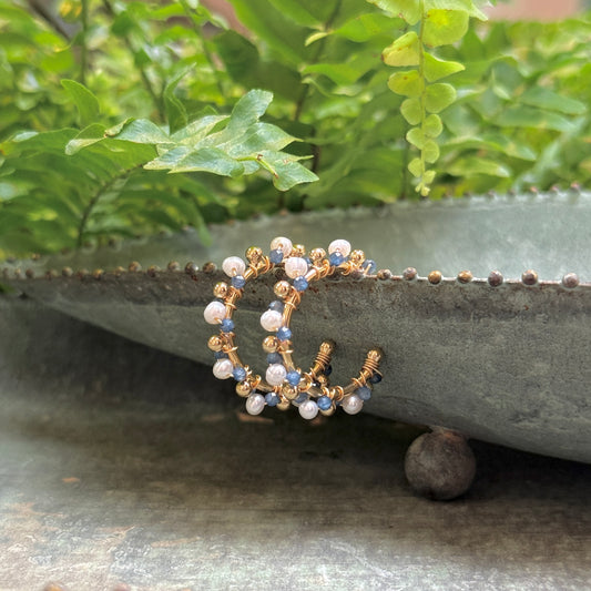 Pearl & Airforce Blue Quartz Mini Bobble Hoop Beaded Earrings