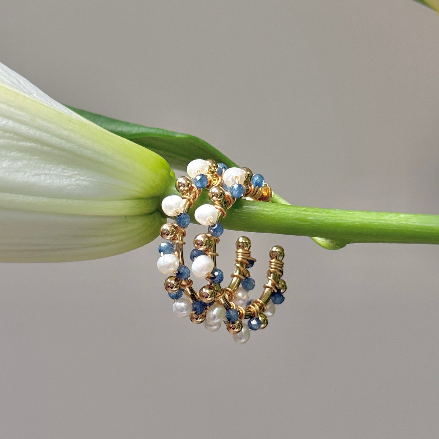 Pearl & Airforce Blue Quartz Mini Bobble Hoop Beaded Earrings