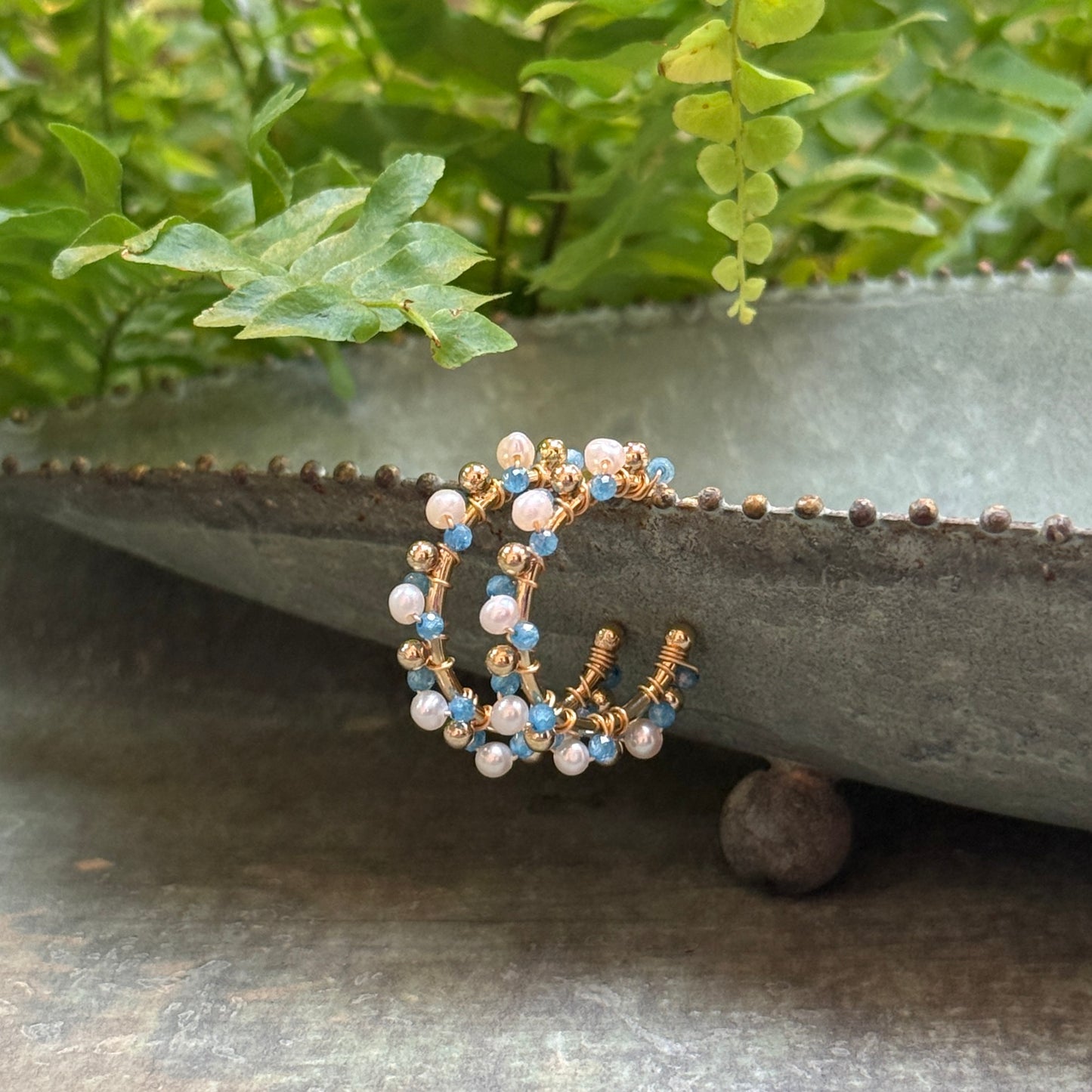 Pearl & Dark Cornflower Blue Kyanite Mini Bobble Hoop Beaded Earrings