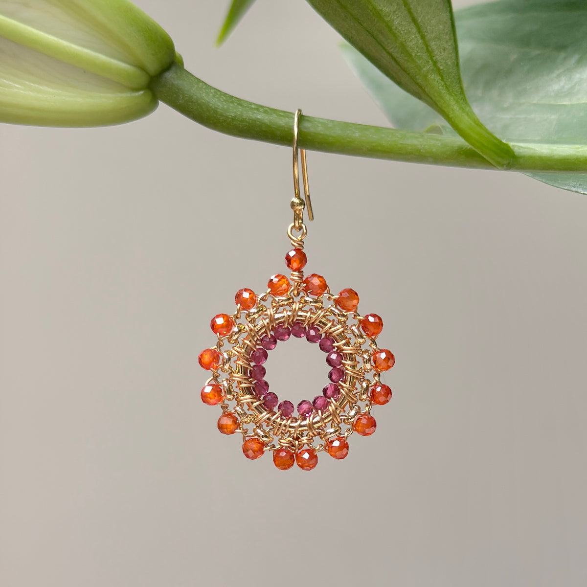 Orange Carnelian & Fuchsia Pink Garnet Rolo Round Beaded Earrings