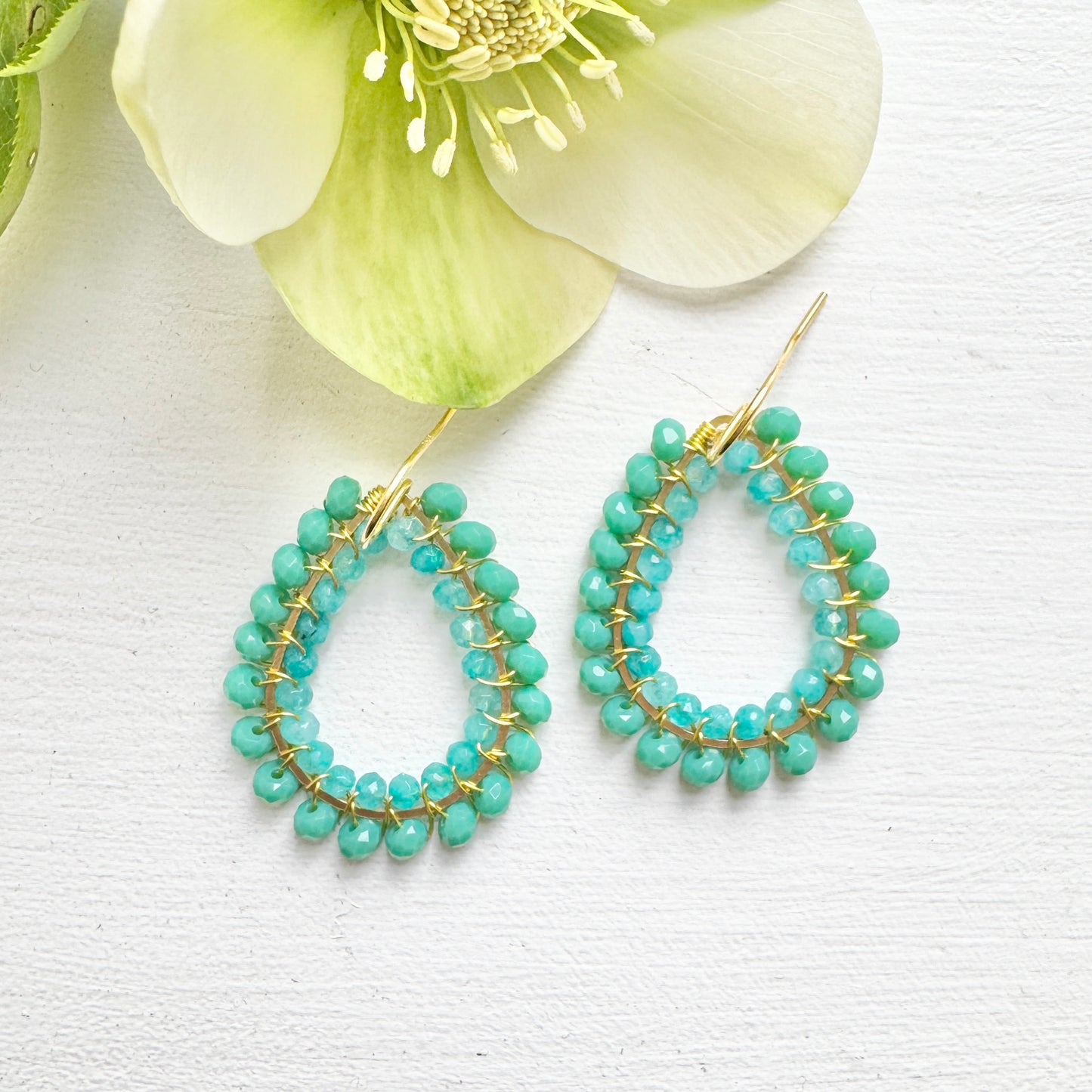 Seafoam Blue Crystal & Turquoise Agate Big Bead Double Teardrop Earrings