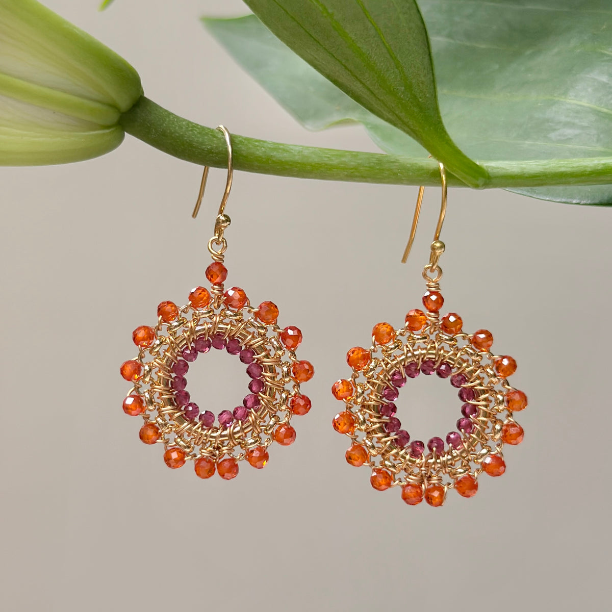 Orange Carnelian & Fuchsia Pink Garnet Rolo Round Beaded Earrings