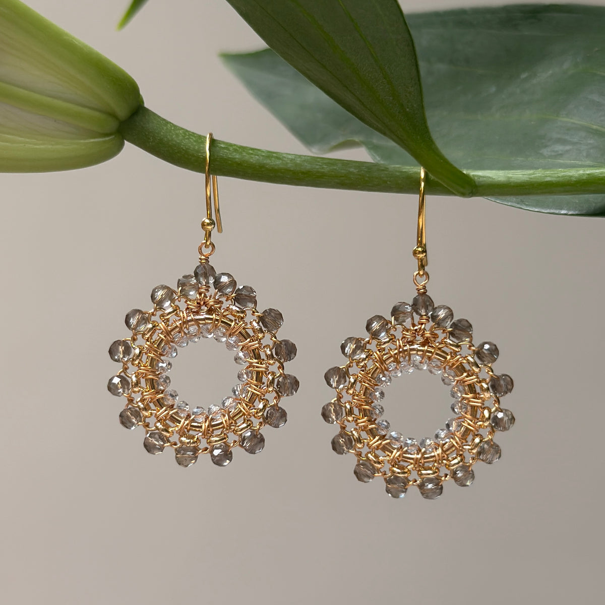 Taupe Agate & Crystal Rolo Round Beaded Earrings