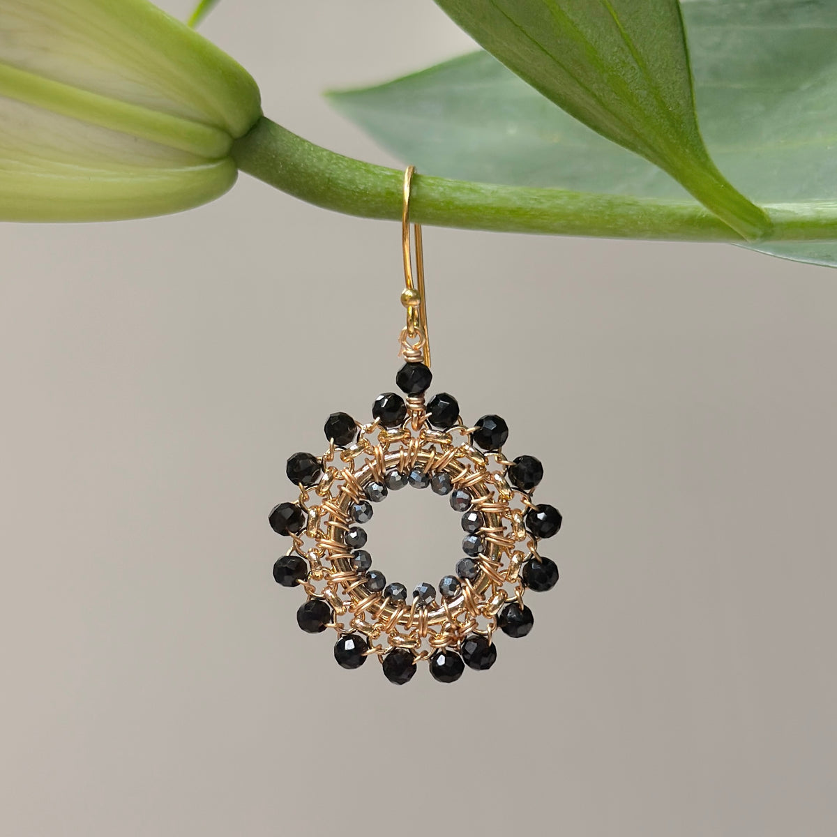 Black Onyx & Sparkly Charcoal Grey Hematite Rolo Round Beaded Earrings