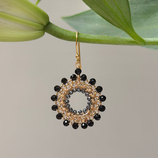 Black Onyx & Sparkly Charcoal Grey Hematite Rolo Round Beaded Earrings