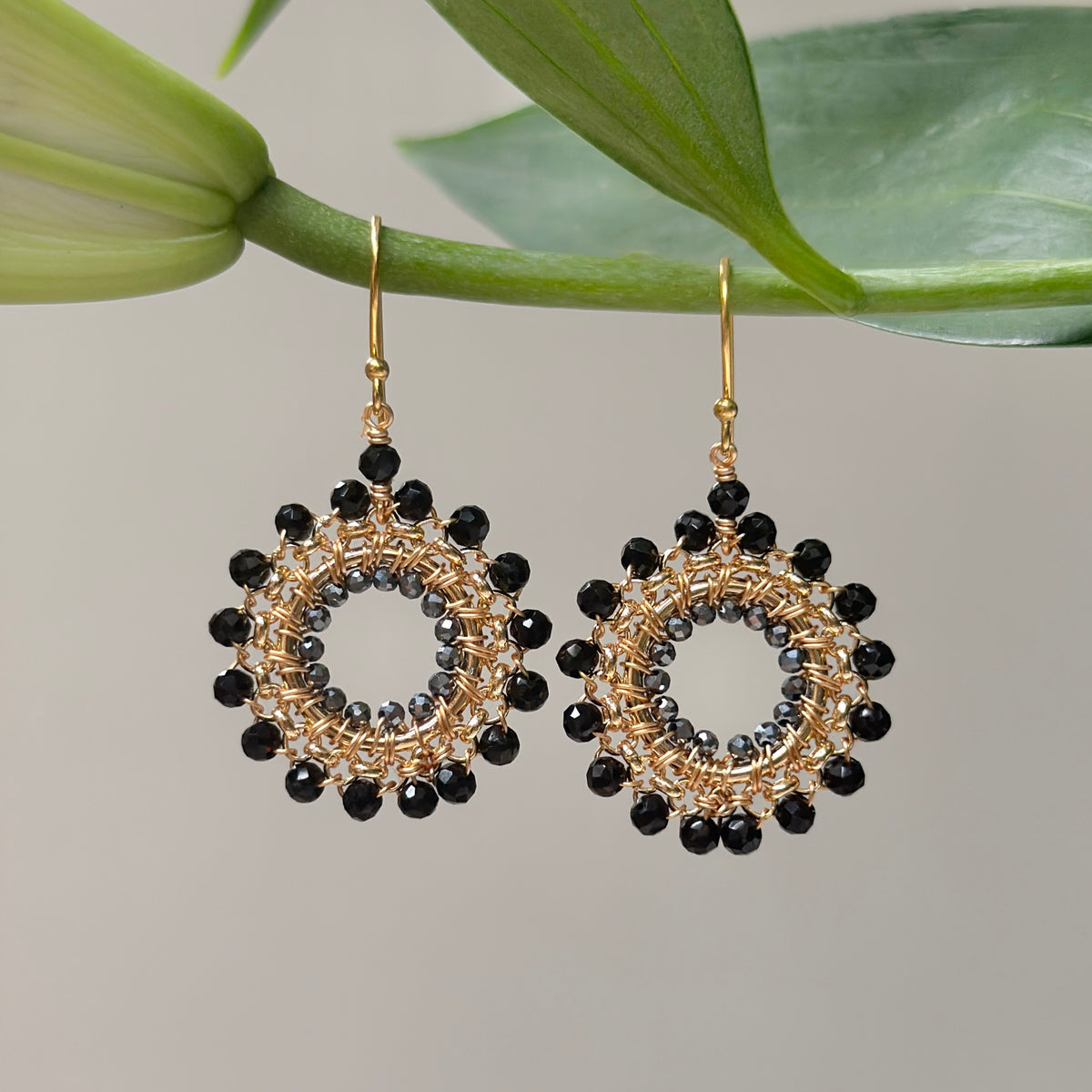 Black Onyx & Sparkly Charcoal Grey Hematite Rolo Round Beaded Earrings