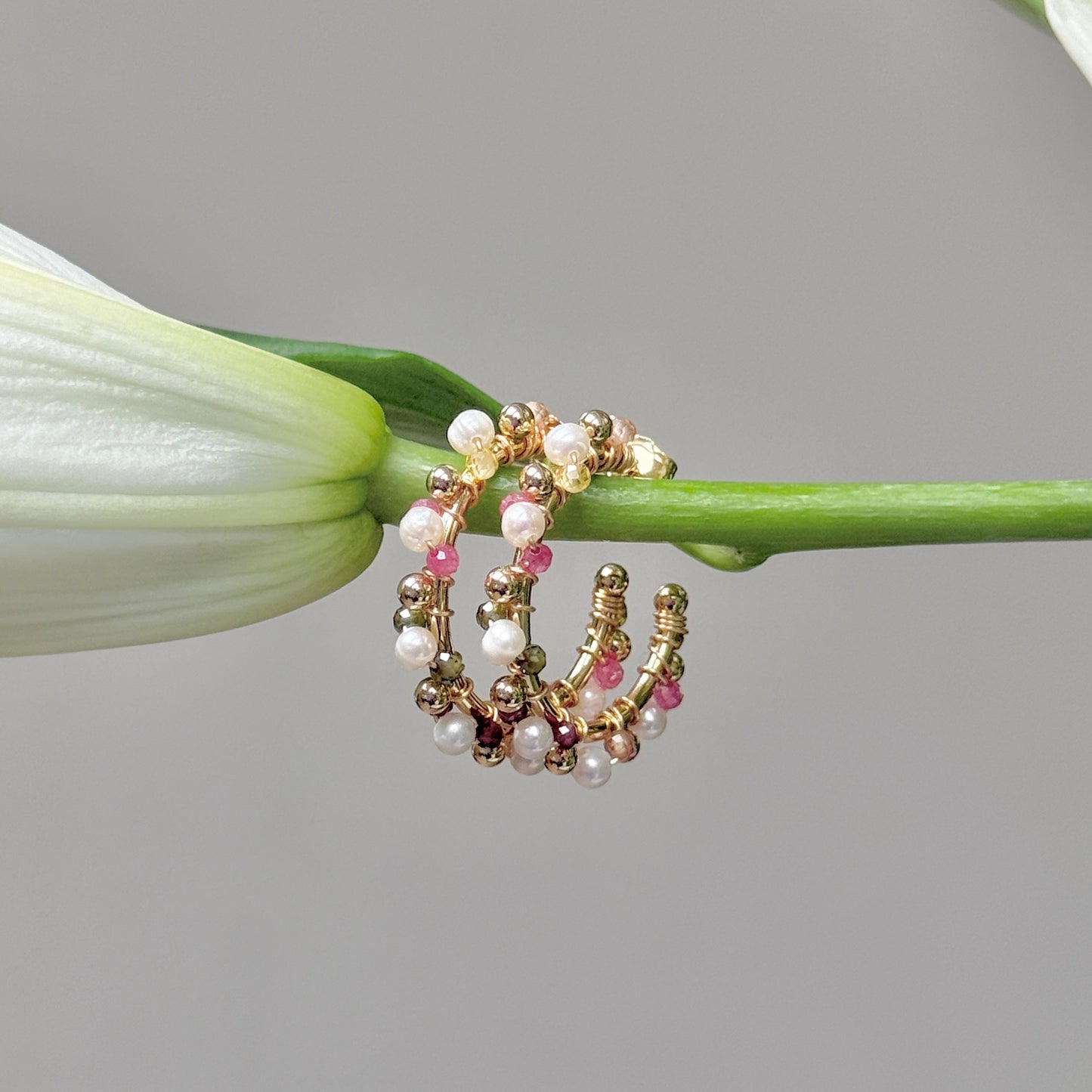 Pearl & Autumn Berry Mini Bobble Hoop Beaded Earrings