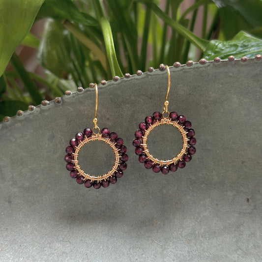 Burgundy Garnet Mini Round Beaded Earrings
