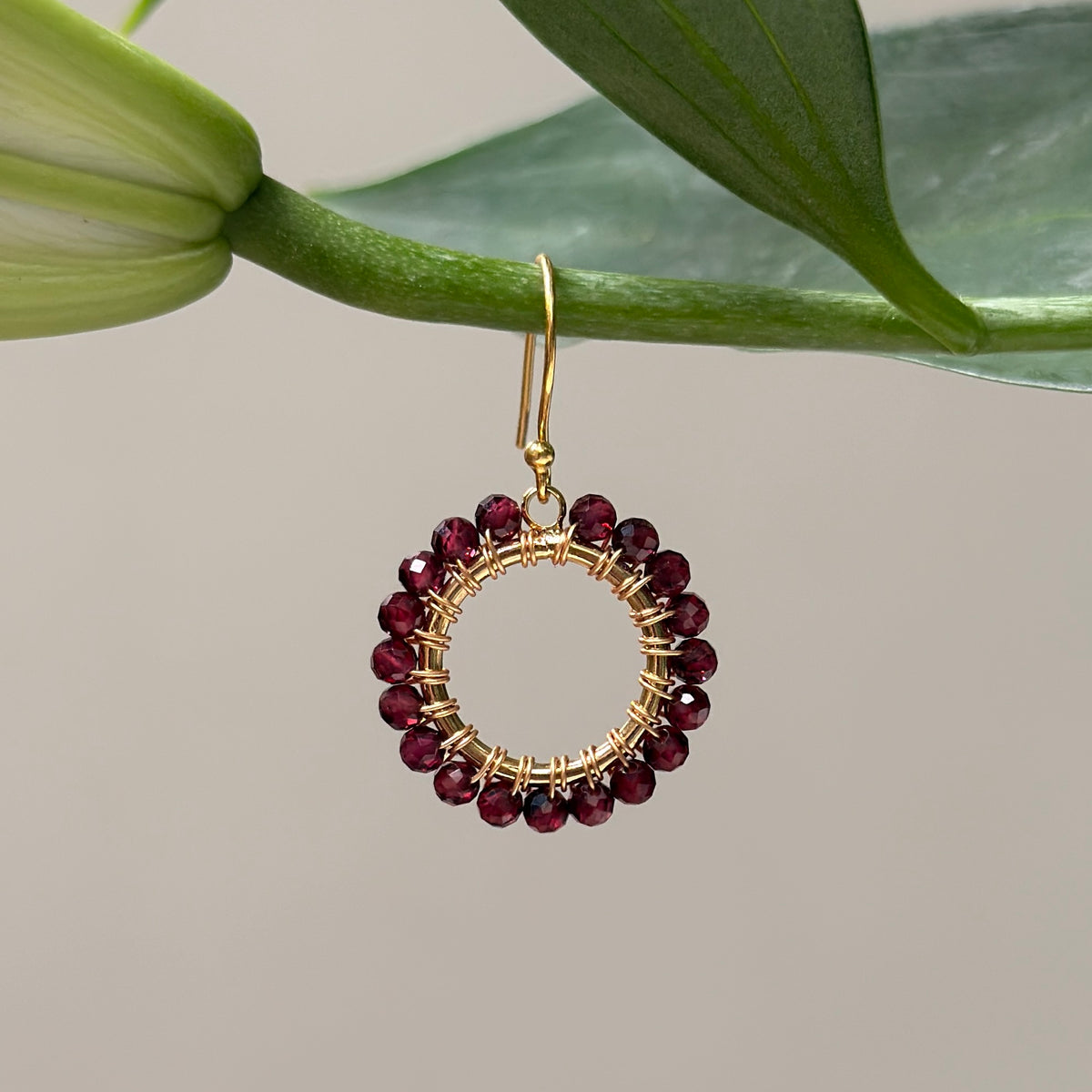Burgundy Garnet Mini Round Beaded Earrings