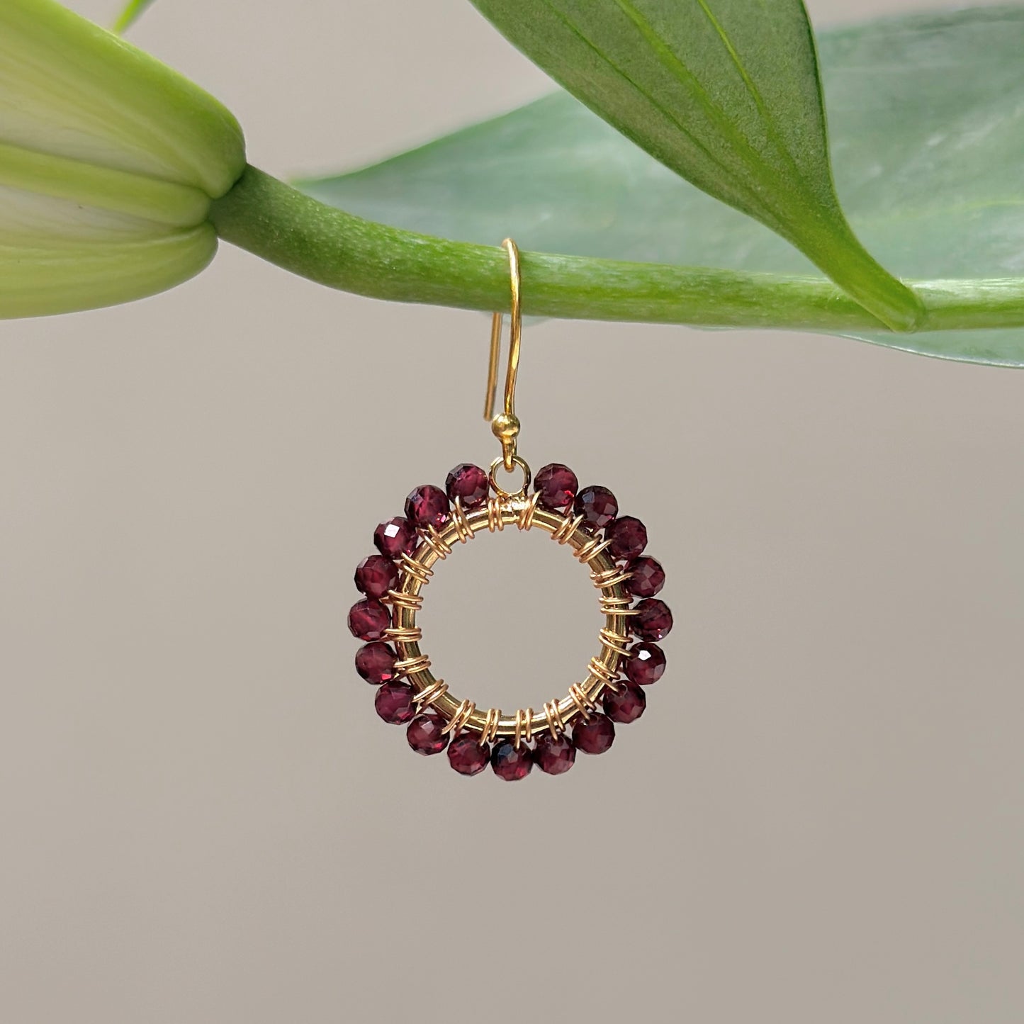 Burgundy Garnet Mini Round Beaded Earrings