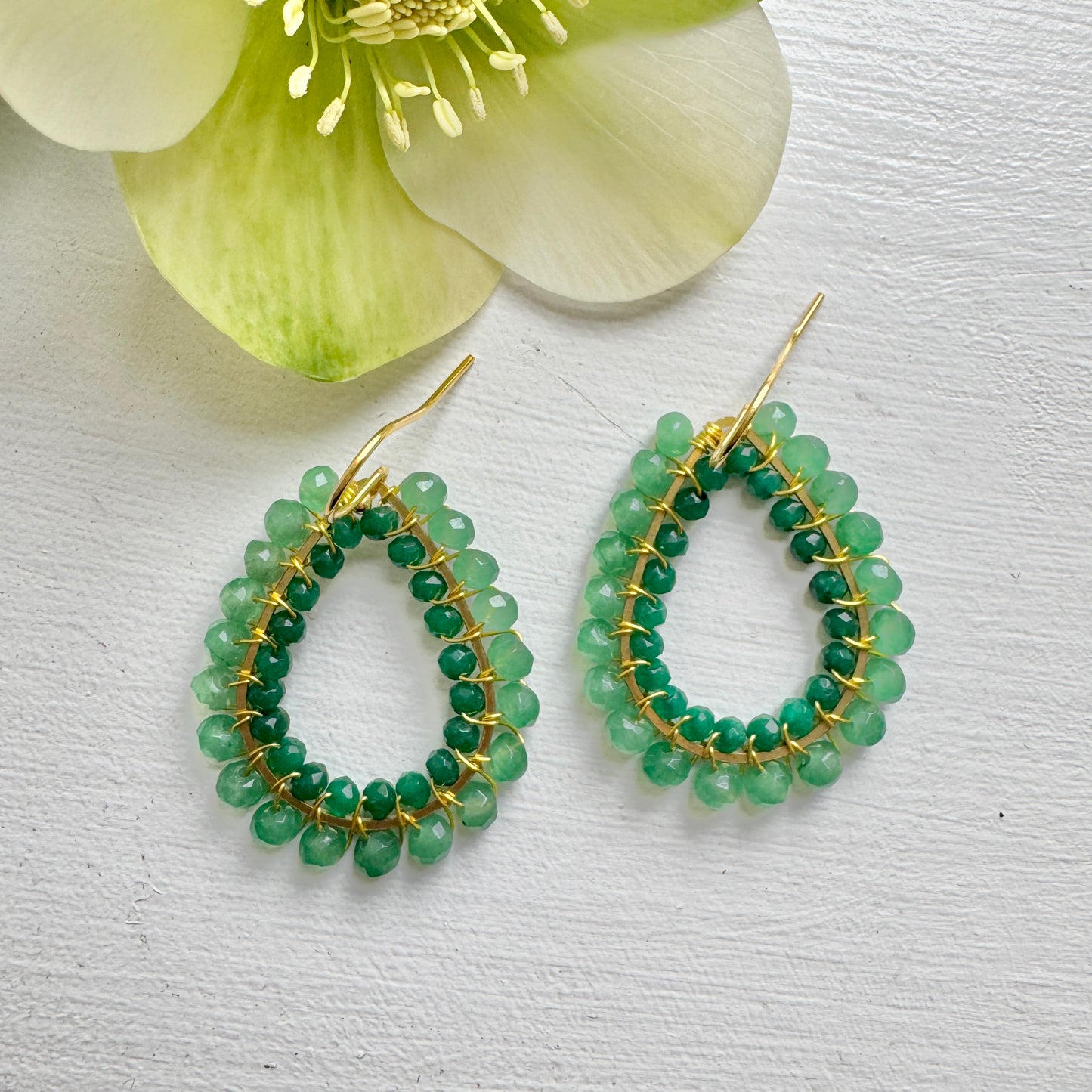 Green Jade & Emerald Green Crystal Big Bead Double Teardrop Earrings