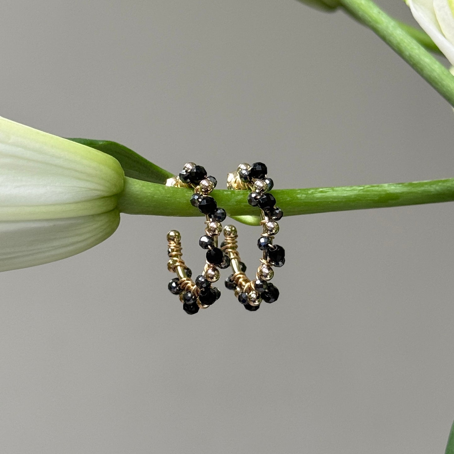 Black Onyx & Charcoal Hematite Mini Bobble Hoop Beaded Earrings
