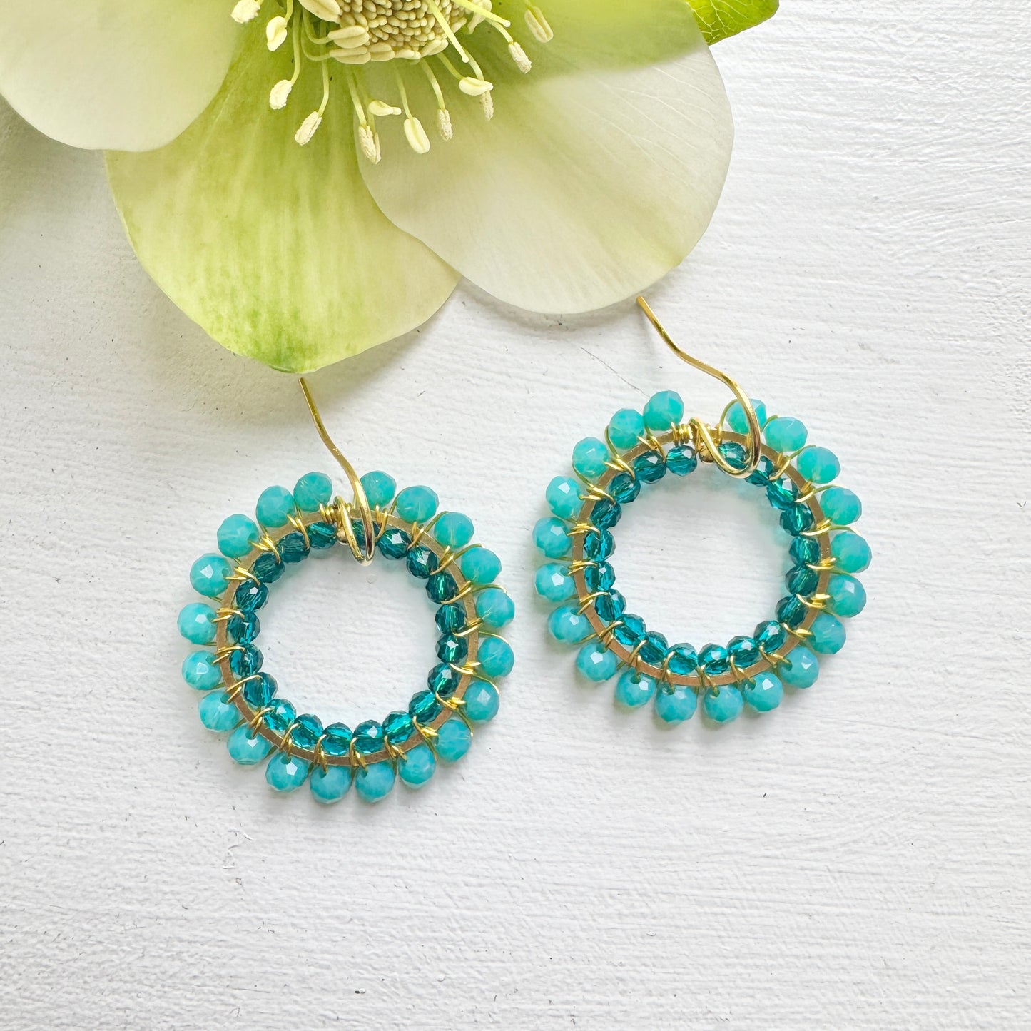 Turquoise Blue Crystal & Teal Jade Big Bead Double Round Earrings