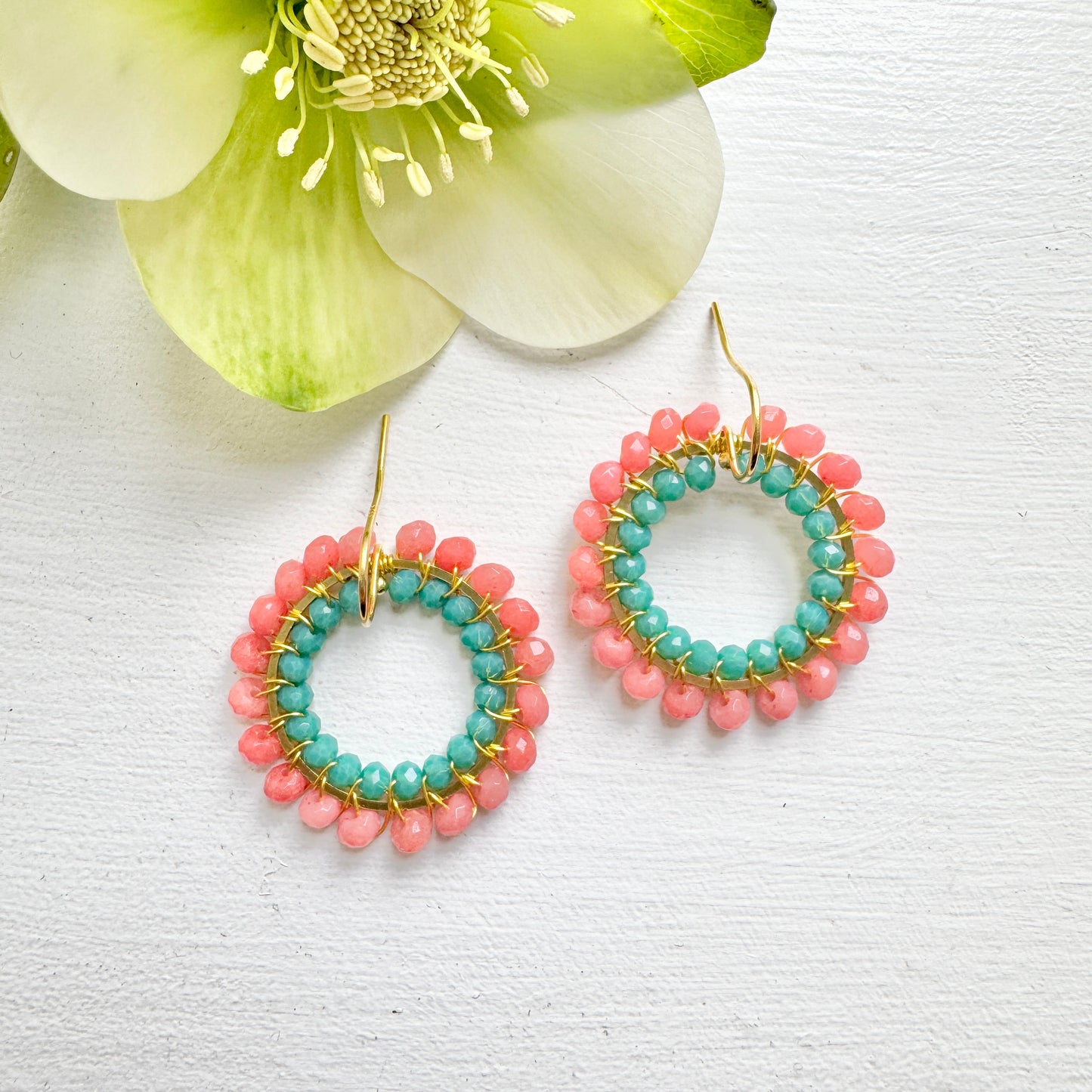 Coral Agate & Turquoise Crystal Big Bead Double Round Earrings