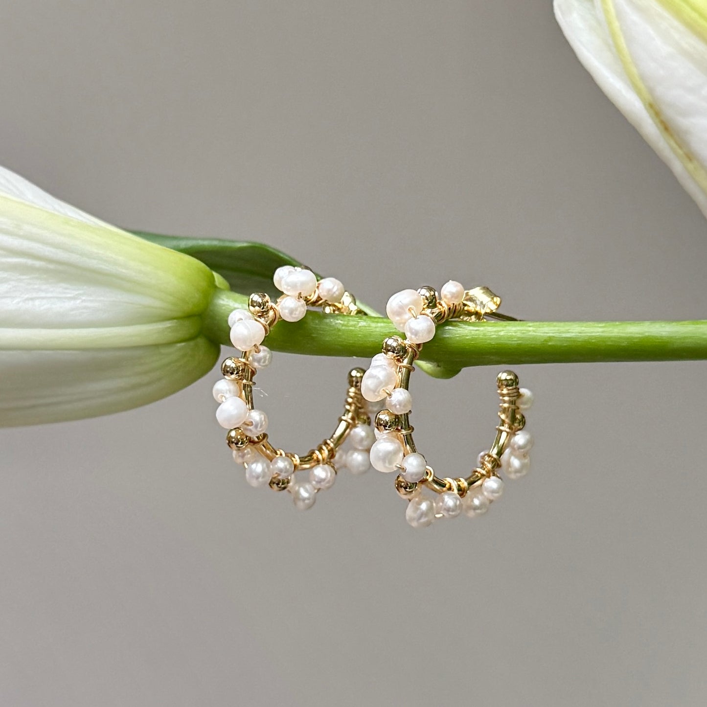 Pearl & Pearl Mini Bobble Hoop Beaded Earrings
