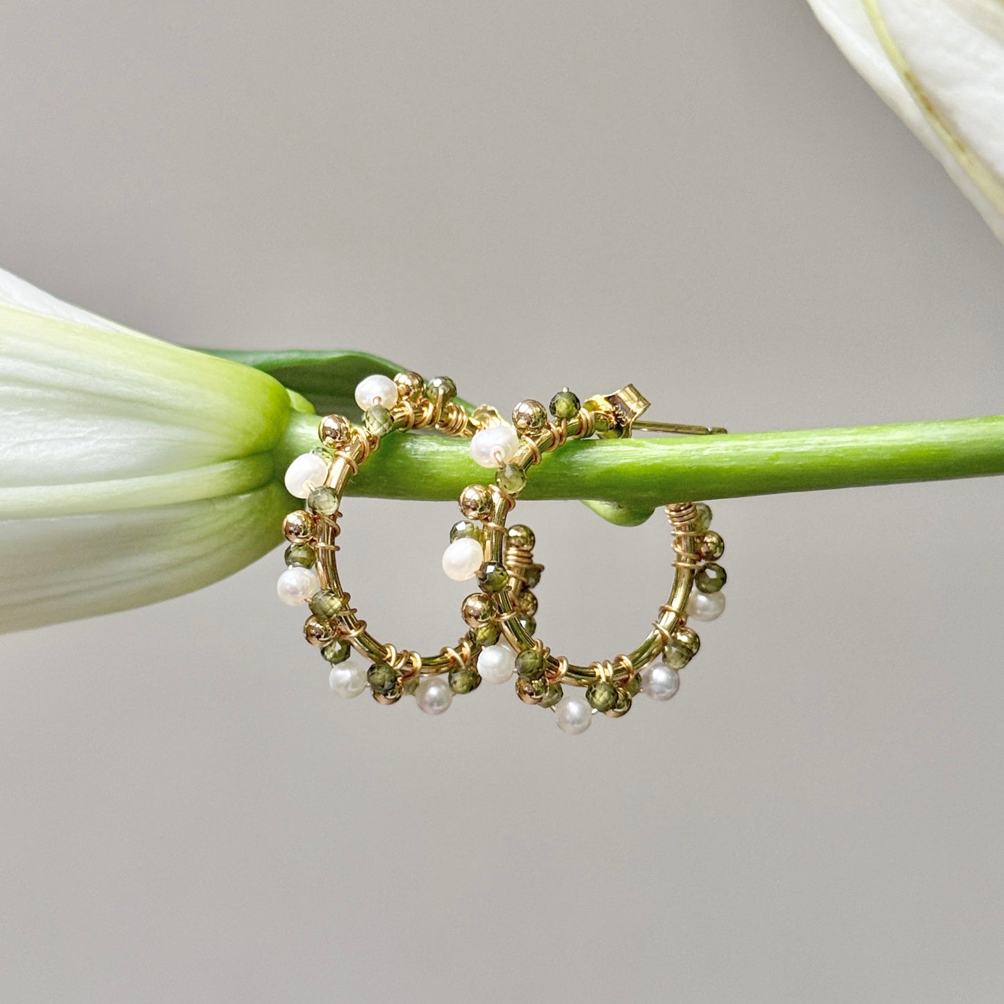 Pearl & Dark Olive Green Peridot Mini Bobble Hoop Beaded Earrings