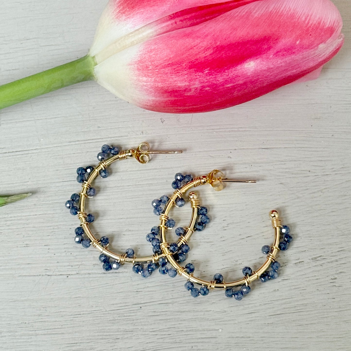 Airforce Blue Quartz Swirl Midi Hoop Beaded Earrings