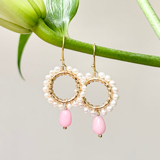 Pearl Mini Round With Pale Pink Chalcedony Drop Beaded Earrings