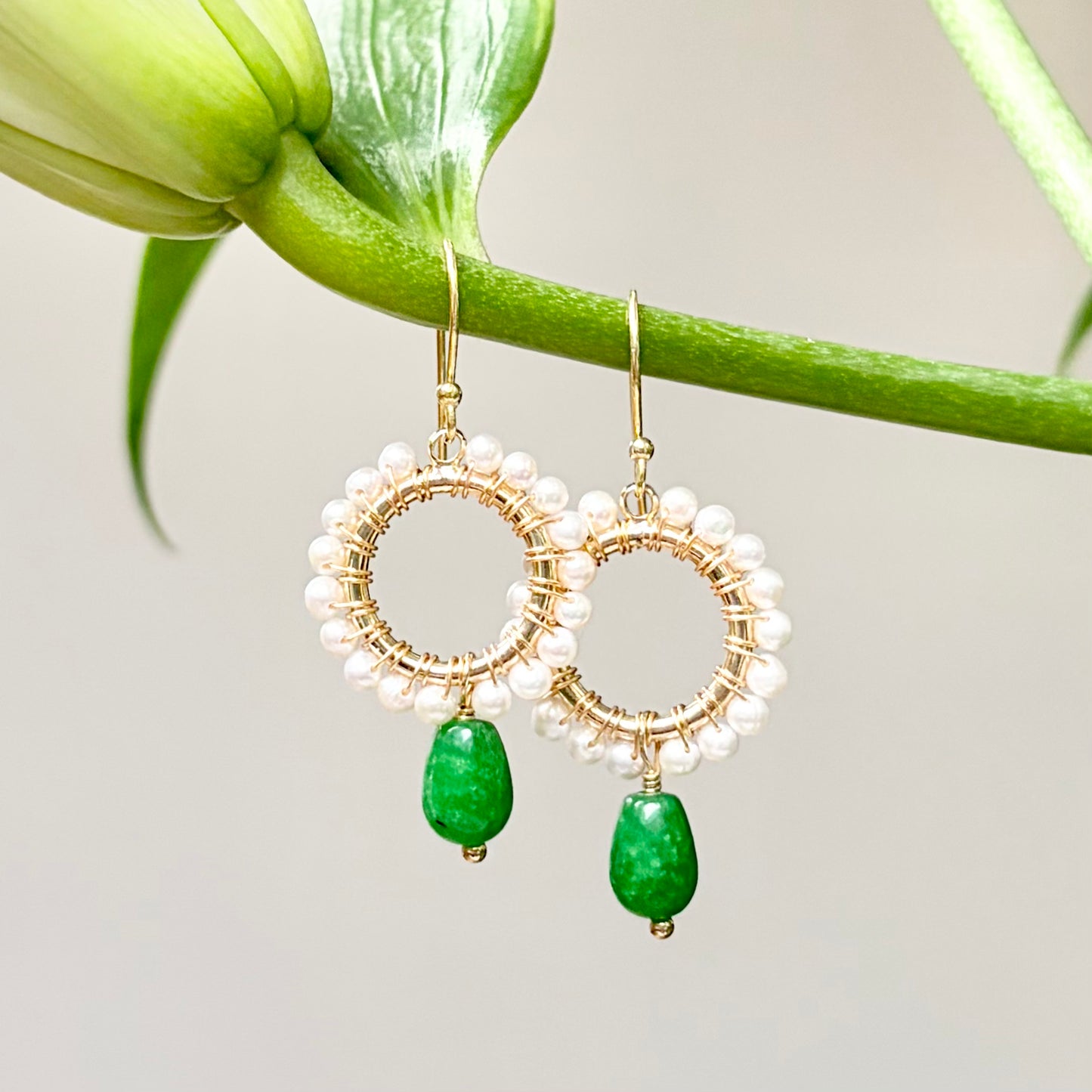 Pearl Mini Round With Green Jade Drop Beaded Earrings