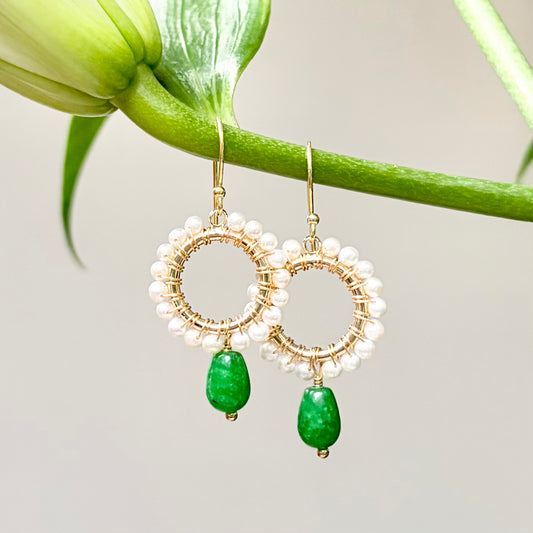 Pearl Mini Round With Green Jade Drop Beaded Earrings