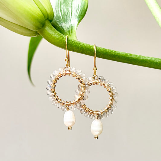 Grey Labradorite Mini Round With Pearl Drop Beaded Earrings